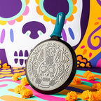 10.5 Inch Seasoned Cast Iron Xolo Sugar Skull Griddle with Deluxe Handle Holder